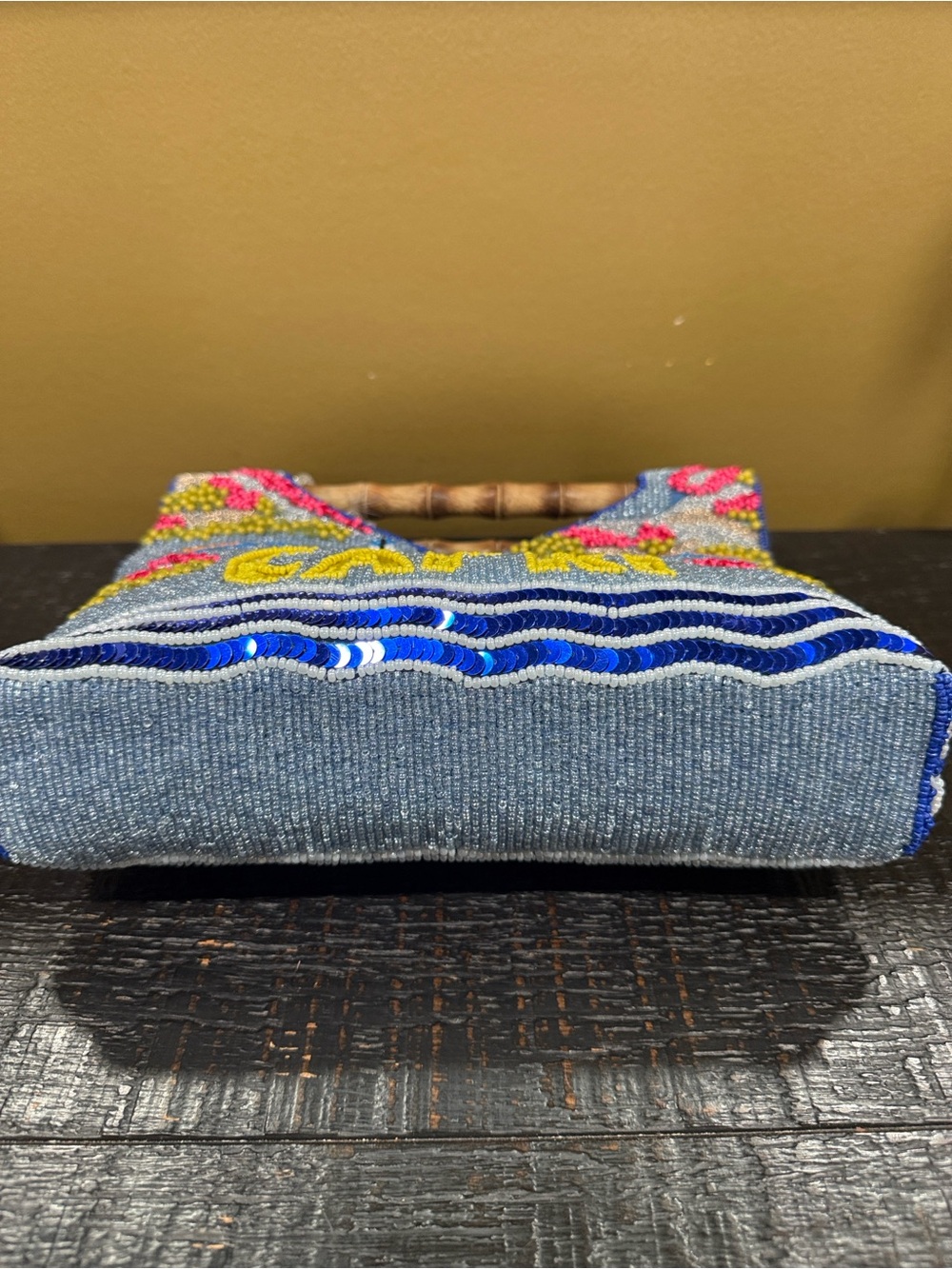 Capri Beaded Tote with Bamboo Handles - Blue - Picture 4 of 8